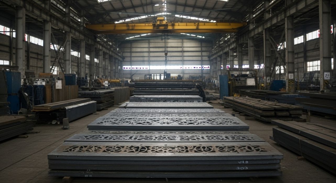 Lazer kesim makinesi tarafından işlenen metal levha.