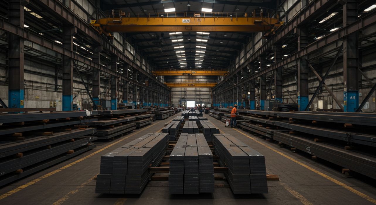 Farklı ebatlarda istiflenmiş HRP sac levhaları.