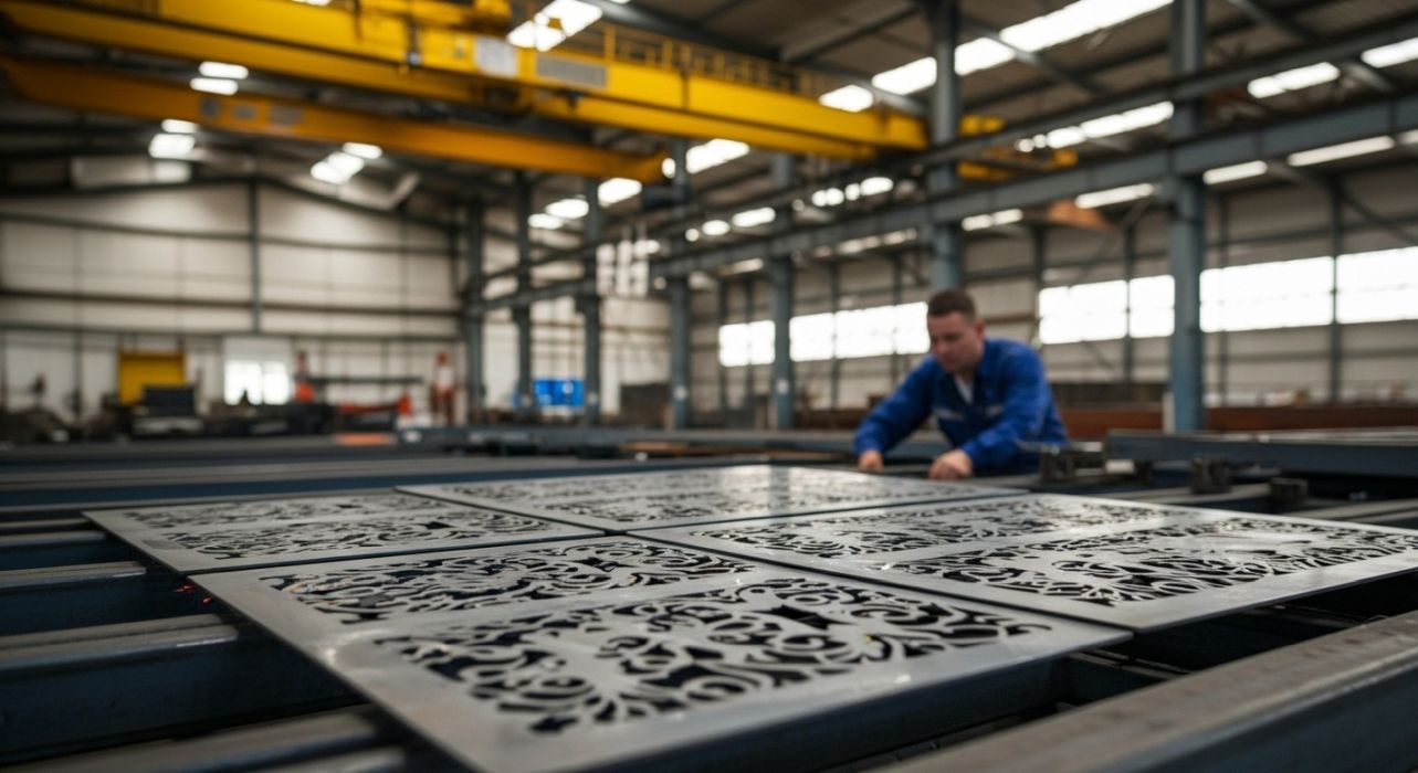 Çeşitli metal levhaların bir arada durduğu endüstriyel depo.