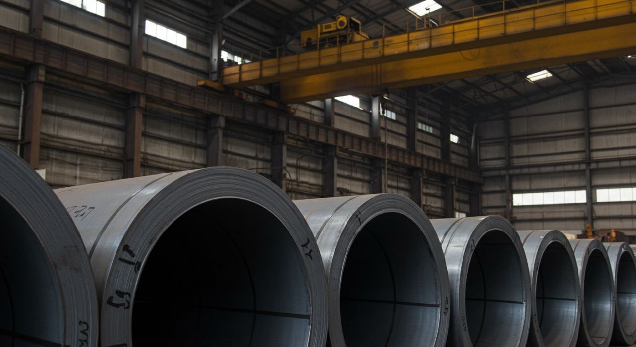 İstiflenmiş rulo metal levhalar.