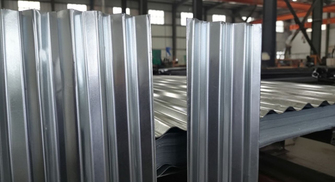 Geniş bir fabrika çatısında kullanılan sinüs oluklu sac kaplama.