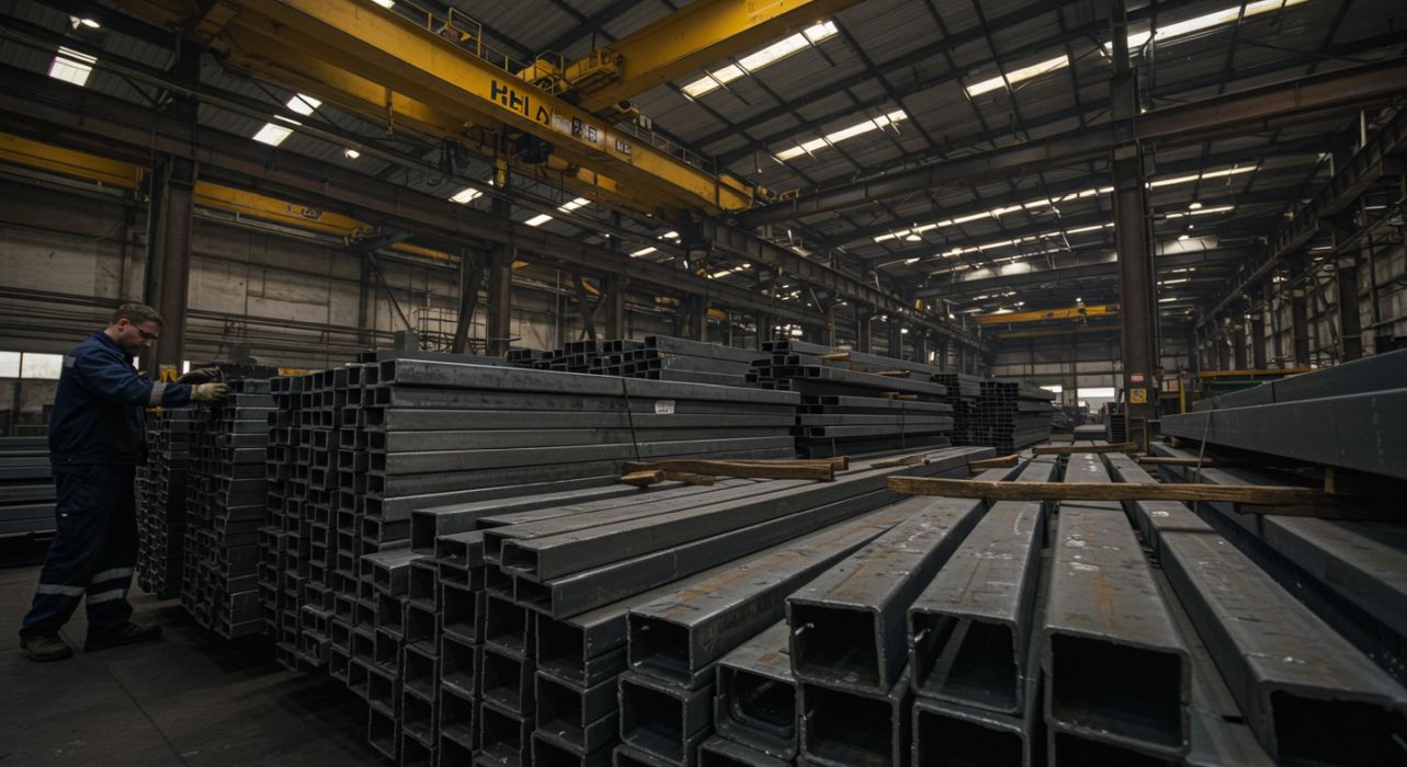 İnşaat sahasında kullanılan metal iskele ve yapı elemanları.
