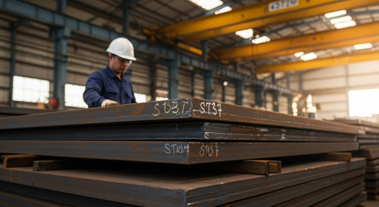 İstanbul'da depo ortamında istiflenmiş St37 sac levhaları.