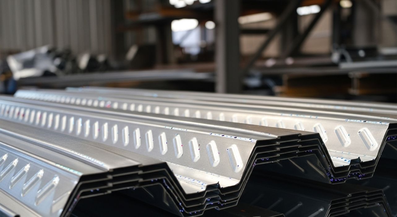 İnşaat alanında yığılmış beton altı trapez sac levhaları.