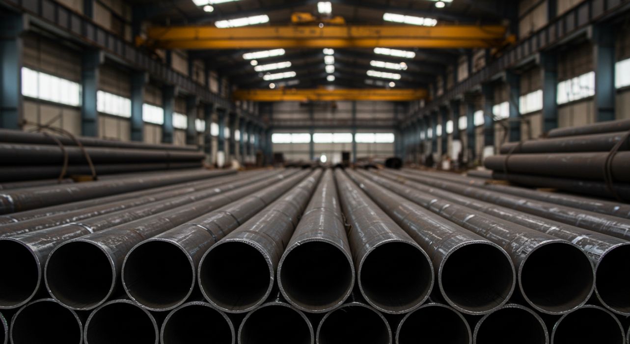 İmalat fabrikasında kullanılan borular ve metal parçalar.