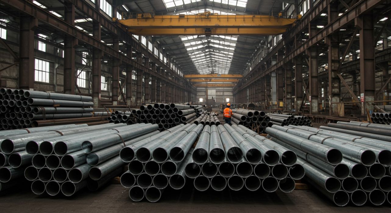 Galvaniz boru üretim tesisi içinde boru yığınları.